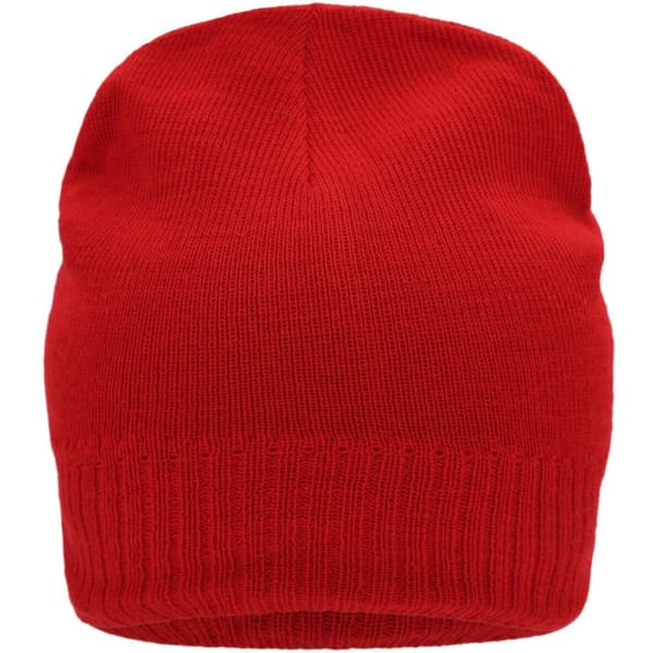 A red knitted beanie featuring a fleece inset, with a ribbed brim and a plain design.