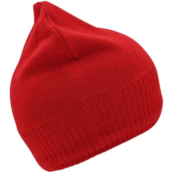 A red knitted beanie with a fleece inset and a pointed top, featuring a brand logo.