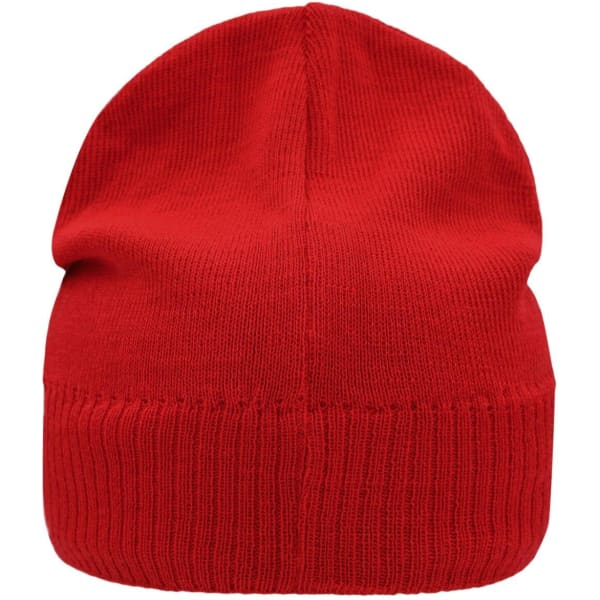 A red knitted beanie with a fleece inset. Features a ribbed cuff at the base. Includes a logo.