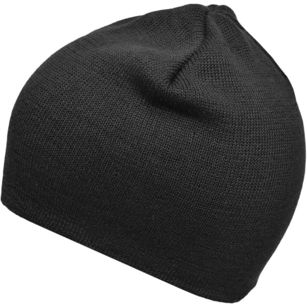 A black cotton beanie with a snug fit, featuring a simple knitted texture. Logo present on the product.
