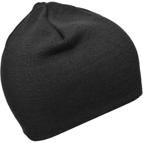 A black cotton beanie with a fitted design and textured knit fabric. It features a logo on the side.