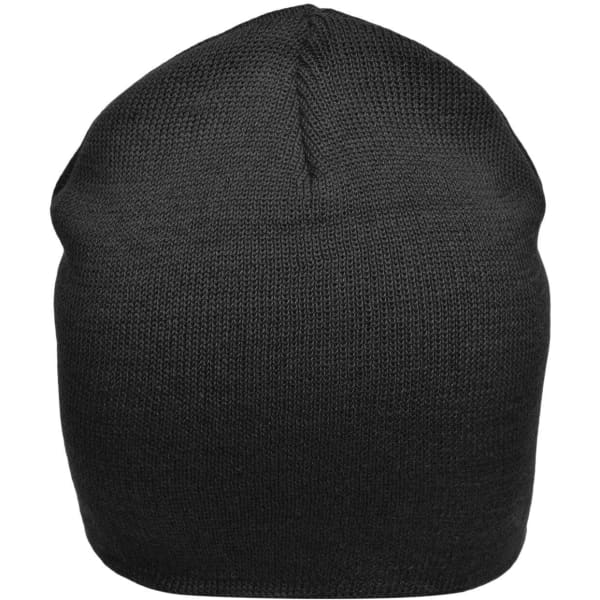 A black cotton beanie featuring a seamless design and a single-colour finish. It has a simple branding logo.