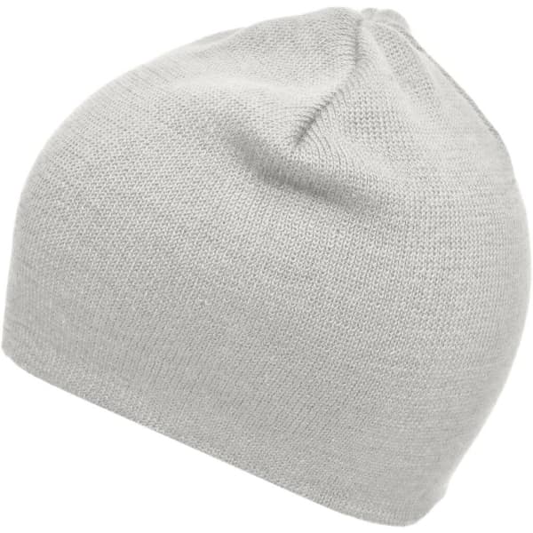 A grey cotton beanie with a smooth knit texture and a rounded top, featuring a small logo.