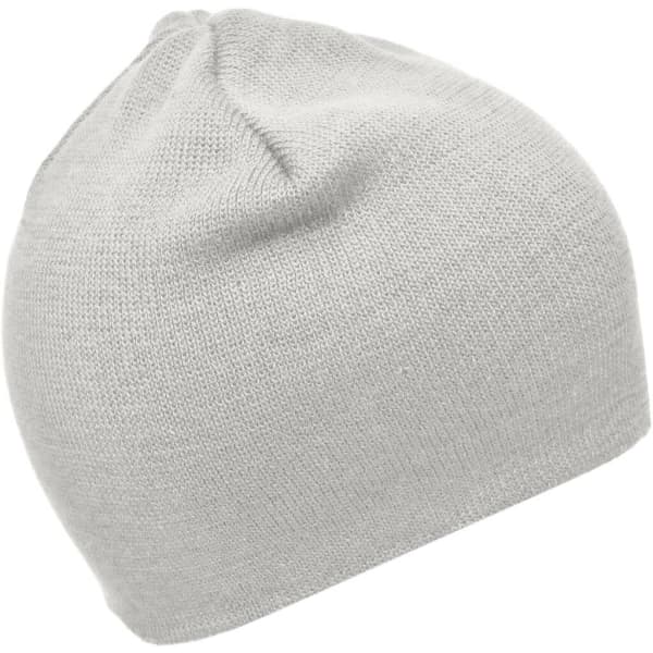 A cotton beanie in a light grey shade with a simple design. It features a logo on the side.