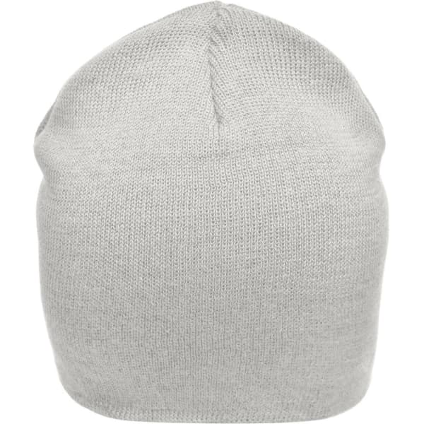 A grey cotton beanie with a simple knitted design and a logo on the side.