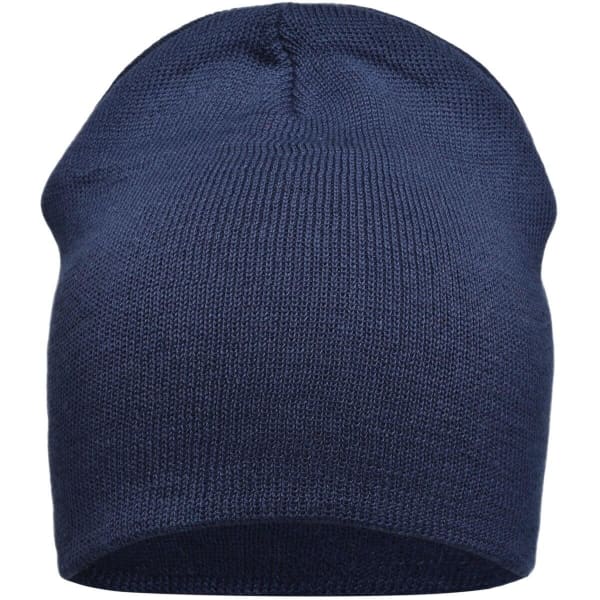 A cotton beanie in navy blue, featuring a seamless, knitted design, and includes a logo.