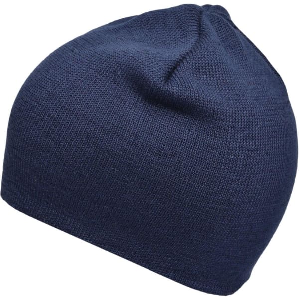 A navy cotton beanie with a snug fit, featuring a simple design and no visible logos.