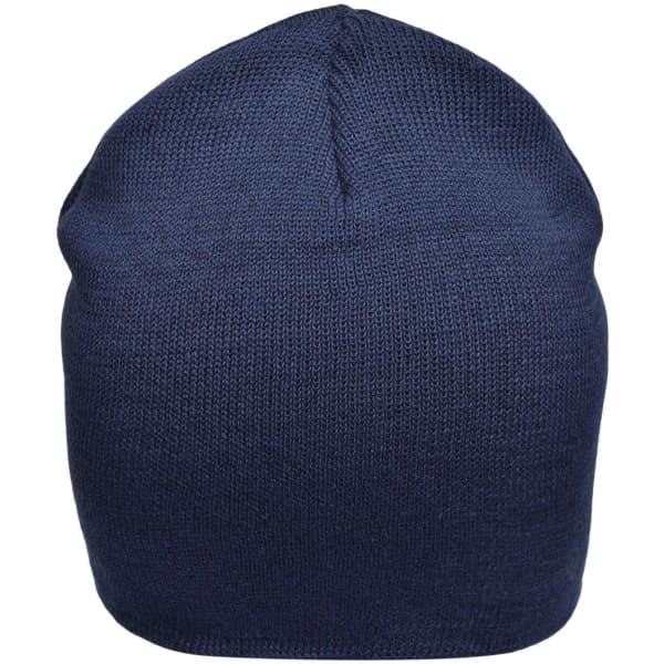 A navy cotton beanie with a snug fit, featuring a simple design and a seamless top.