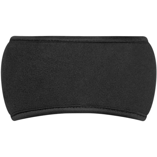 A black Thinsulate™ headband with a smooth fabric finish and a curved design. It has a logo on it.