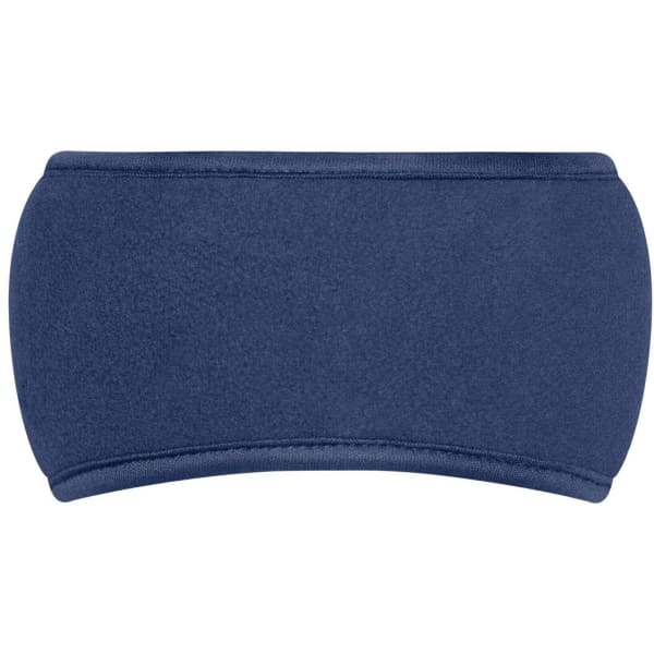 A navy Thinsulate™ headband with a smooth textured surface and stitched edges. It features a logo.
