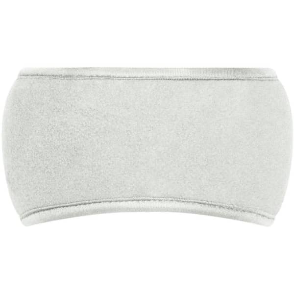 A Thinsulate™ headband in light grey, featuring a soft, fleece-like texture and a curved design. It has a logo on it.