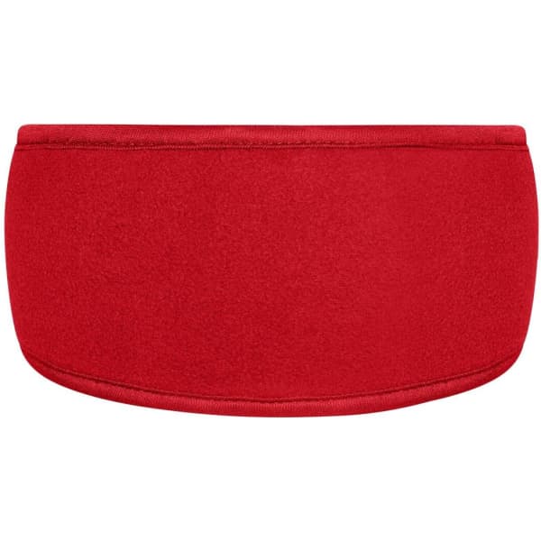 A red Thinsulate™ headband with a soft, curved design, featuring branding.