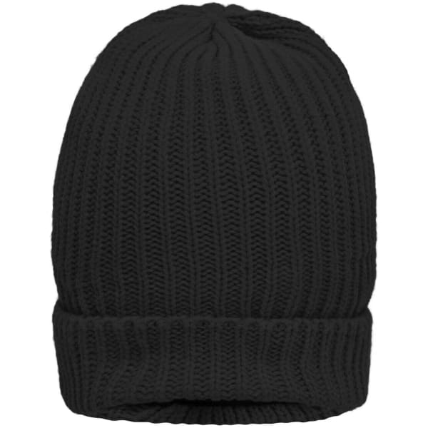 A warm knitted beanie in solid black, featuring a ribbed texture and a folded cuff. It has a logo on the side.