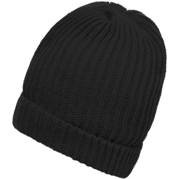 A black knitted beanie with a ribbed texture and a folded cuff. It features a logo on the side.