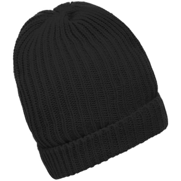 A black knitted beanie with a ribbed texture, featuring a fold-up cuff. The beanie has a simple, classic design.