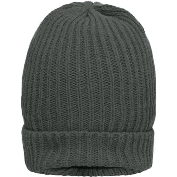 A warm knitted beanie in dark grey featuring a ribbed texture. The beanie has a simple, unadorned design.