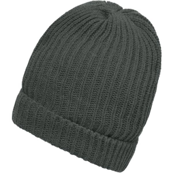 A warm knitted beanie in a deep grey colour with a ribbed texture and folded cuff. It features a logo.