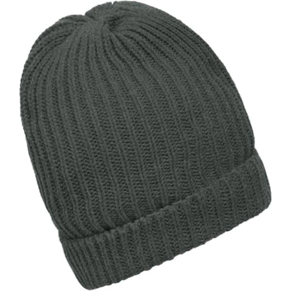 A dark grey knitted beanie with a ribbed texture and a turned-up cuff, featuring a logo.