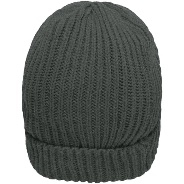 A warm knitted beanie in a dark grey colour with a ribbed texture and folded brim. It features a logo.