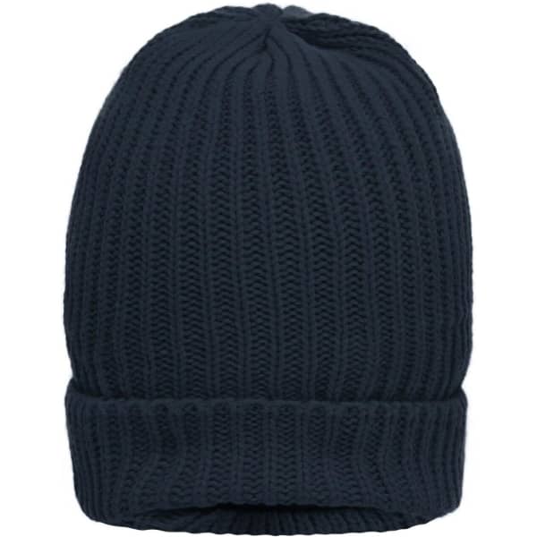 A dark navy knitted beanie with a ribbed design and a folded cuff. It features a logo on the side.