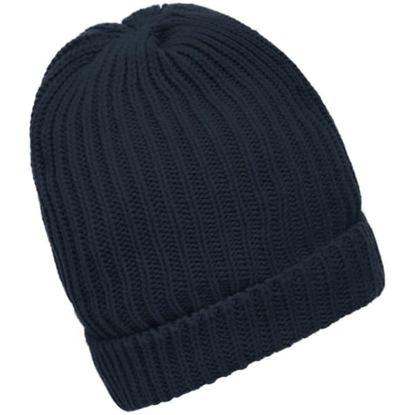 A warm knitted beanie in dark navy, featuring a ribbed texture and a fold-over cuff. It has a logo.
