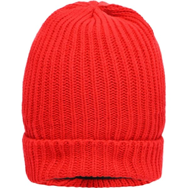 A red knitted beanie with a rolled cuff and ribbed texture. The beanie features a logo on the side.