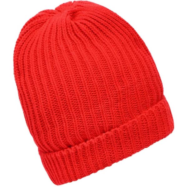 A warm knitted beanie in vibrant red, featuring a textured ribbed design and a folded cuff.