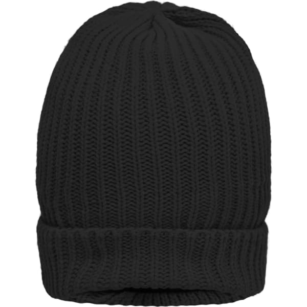 A warm knitted beanie in solid black with a ribbed texture. The beanie has a folded cuff design.