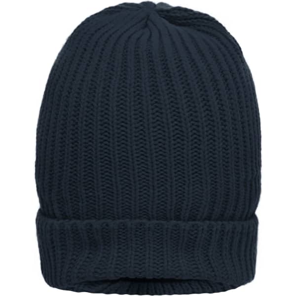 A dark navy knitted beanie featuring a ribbed texture and a folded brim. It has a logo on the side.