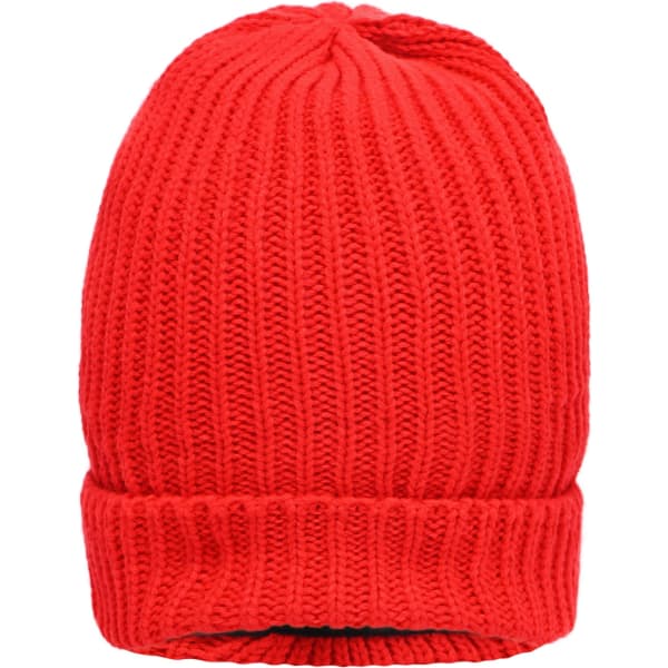 A warm knitted beanie in bright red with a ribbed texture and a folded cuff. It features a logo.