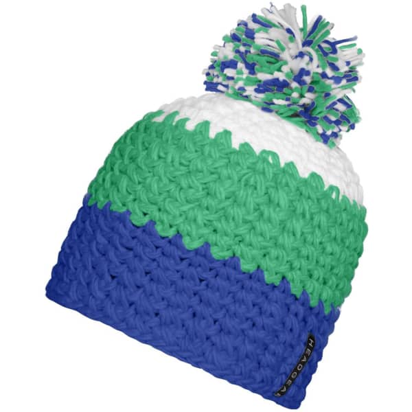 A beanie with a pompon, featuring green, white, and blue stripes, and a small logo on the side.