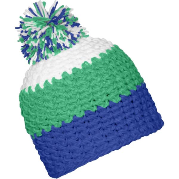 A multicoloured beanie with a pompon, featuring green, white, and blue sections. It has a branded logo.