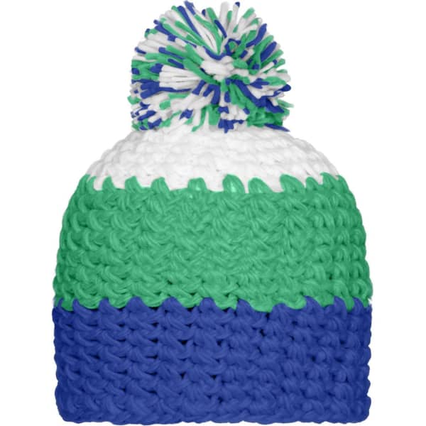 A beanie with a pompon, featuring green, white, and blue stripes in a knitted design. It has a colourful pompon on top.