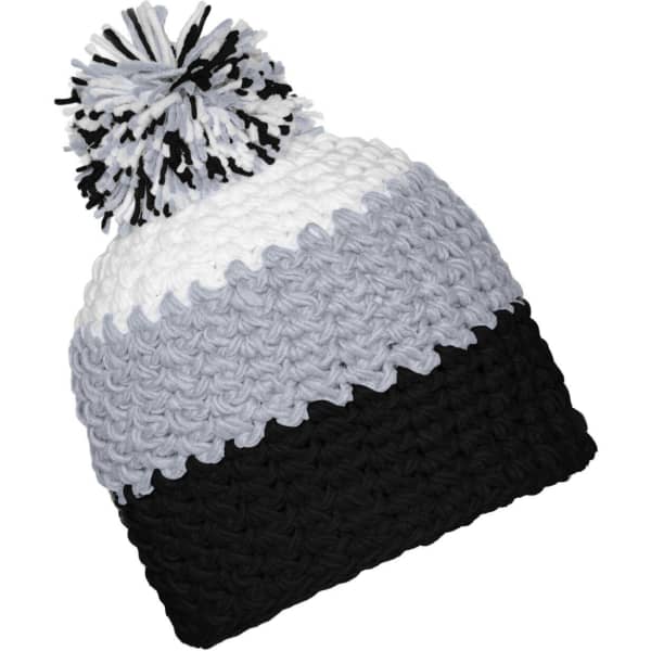 A beanie with a pompon, featuring a monochrome design in white, grey, and black colours. Includes logos.