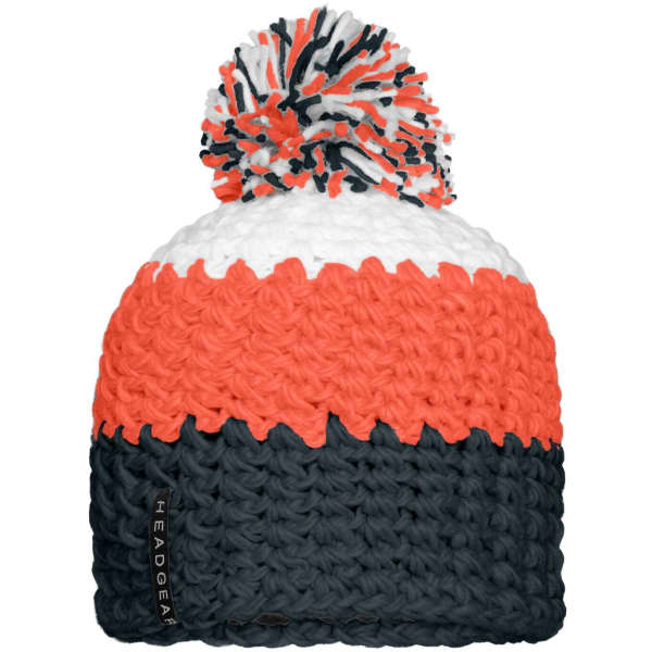 A beanie with a pompon, featuring orange, white, and navy stripes, with a brand logo on the side.