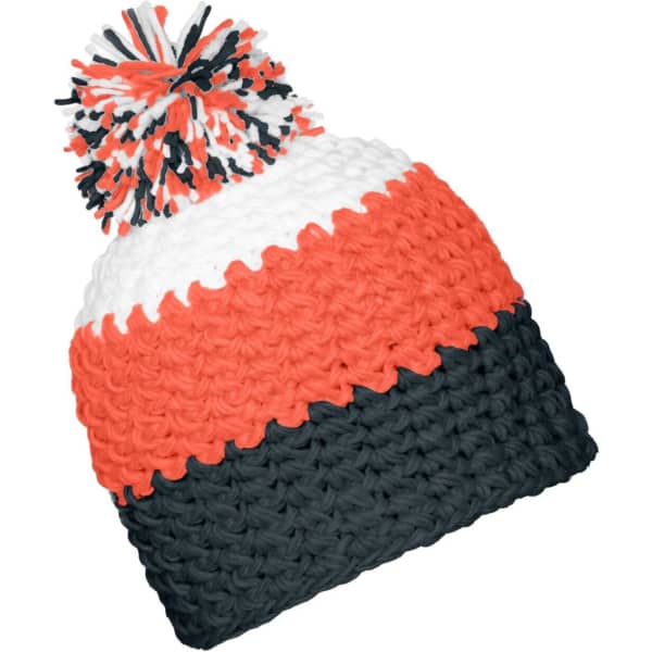 A beanie in orange, white, and dark grey with a pompon on top. It features a logo on one side.