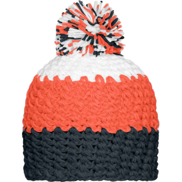 A knitted beanie in orange, white, and navy blue with a pompon on top. It features a logo.