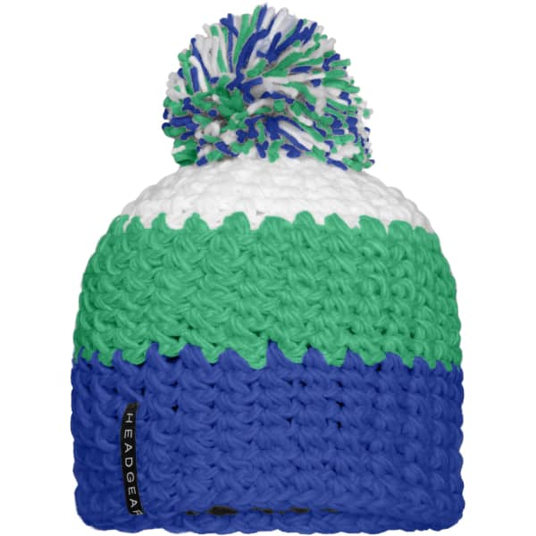 A beanie with a pompon, featuring green, white, and blue colours, and a logo tag.