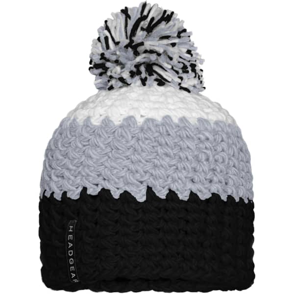 A beanie with a pompon featuring a black, grey, and white colour scheme, with a brand logo.