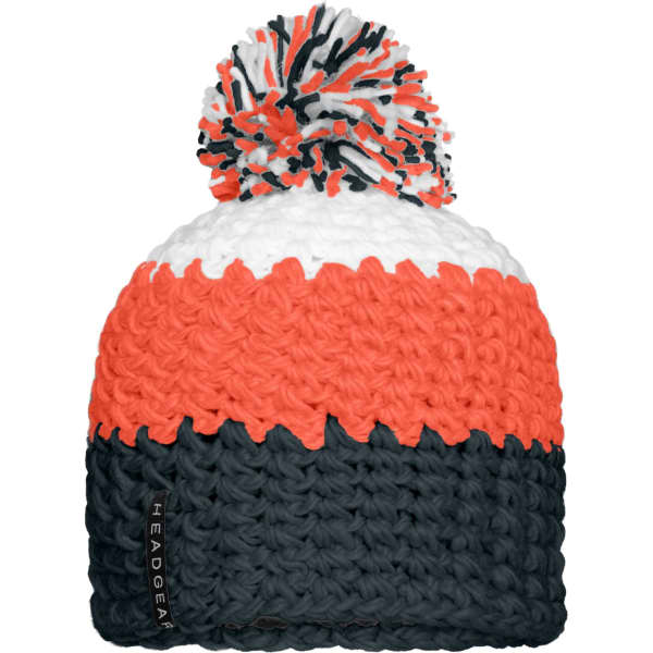 A beanie with a pompon featuring a pattern of orange, white, and navy blue yarn, with a logo on the side.