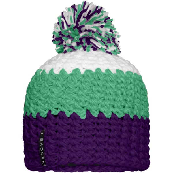 A beanie with a pompon, featuring white, green, and purple striped patterns, and a brand label.