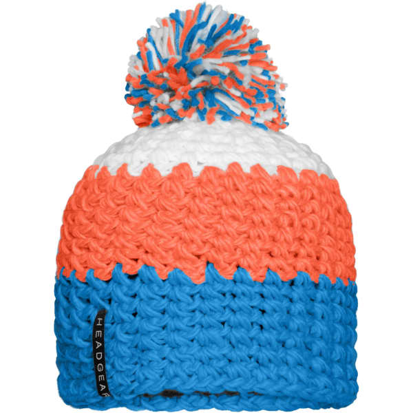 A knitted beanie in orange, white, and blue with a large pompon on top, featuring a small logo on the side.