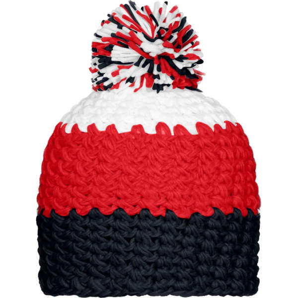 A red, white, and navy beanie with a pompom on top. It features a woven design and has a logo.