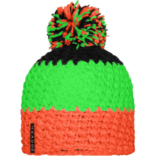 A beanie with a pompon, featuring vibrant green, orange, and black colours. It has a branding logo on the side.