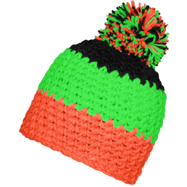 A colourful beanie featuring a bright green, orange, and black design with a pompon on top.
