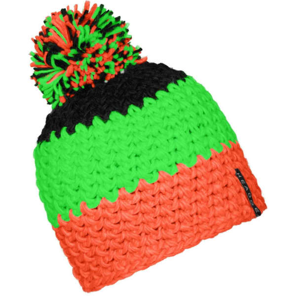 A beanie with a pompon featuring bright green, orange, and black colours, with a branded tag attached.