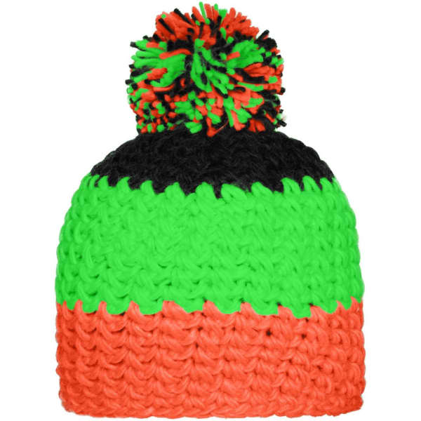 A knitted beanie with a multicoloured design in green, black, and orange, featuring a pompon on top.