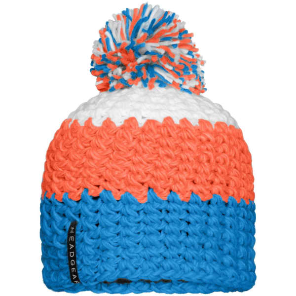 A beanie in orange, white, and blue with a pompon on top and a logo tag.