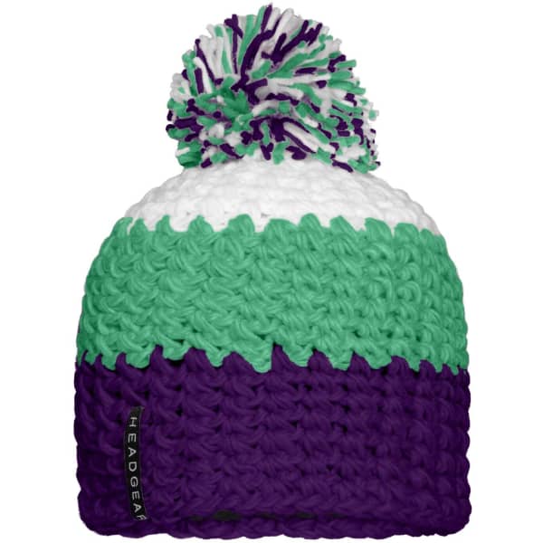 A beanie with a pompon, featuring green, purple, and white stripes, and a logo on the side.
