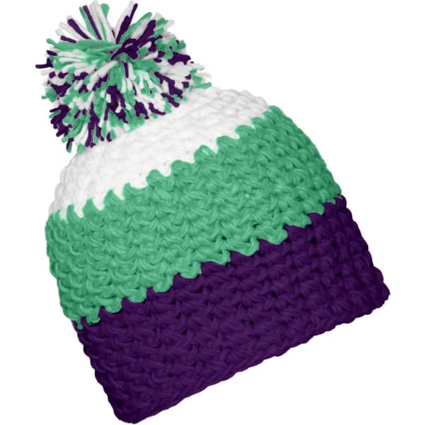 A green, white, and purple knitted beanie with a multicoloured pompon on top. It features a logo.